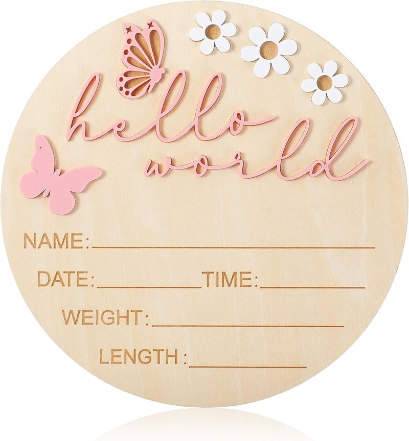 Ajcotahm Hello World Newborn Sign, 5.9 Inch Wooden Baby Announcement Sign Pink Butterfly Style Birth Welcome Board for Newborn Boys Girls Photo Props Baby Shower Hospital Nursery (Pink) - Image 1